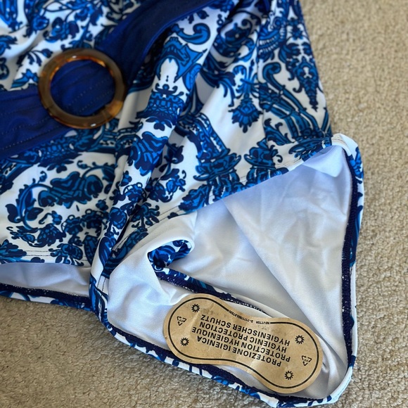 Dolce & Gabanna Inspired Blue & White Ruffle Belted Swimsuit - Picture 7 of 7